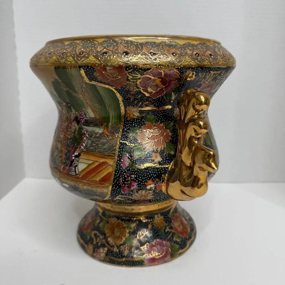 Vintage Japanese Satsuma Moriage Urn Vase Geisha Boat Scene Gold Gilt 7in